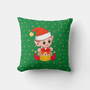Cojín Decorativo Duende de Navidad y estrellas en verde
