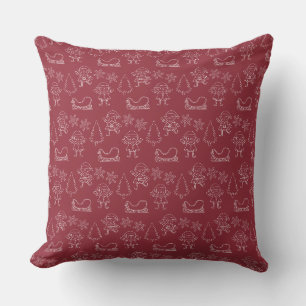 Cojín Decorativo Duendes y copos de nieve de Doodle de Navidad Rojo