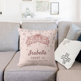 Cojín Decorativo Dulce 16 rosa de oro tiara corona rosada monograma