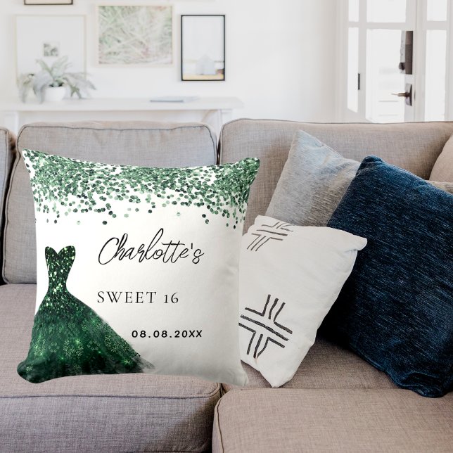 Cojín Decorativo Dulce 16 vestido verde esmeralda nombre blanco (Subido por el creador)