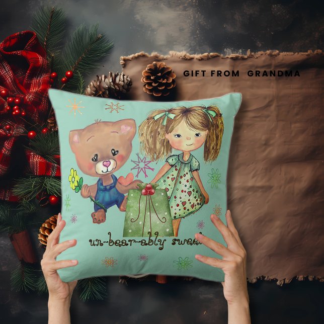 Cojín Decorativo Dulce Chica y Teddy Bear Verde azulado (Sweet Girl and Teddy Bear Teal Throw Pillow)