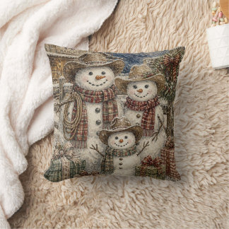 Cojín Decorativo Dulce familia de muñeco de nieve vaquero rústico e