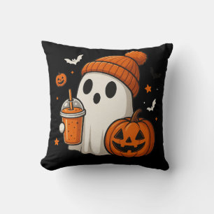 Cojín Decorativo Dulce Fantasma de Halloween con Calabaza y Bebida