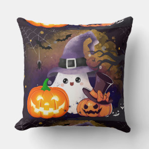 Cojín Decorativo Dulce Fantasma de Halloween con Sombrero de Bruja 