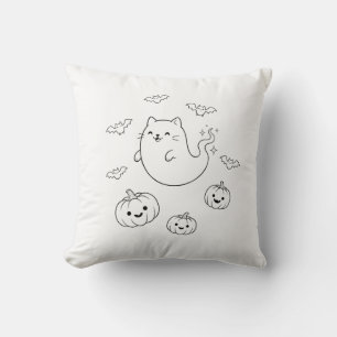 Cojín Decorativo Dulce Fantasma de Halloween Gato Calabazas Murciél