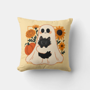 Cojín Decorativo Dulce Fantasma de Halloween Gato Negro Girasoles