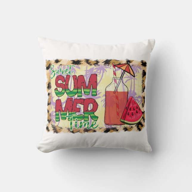Cojín Decorativo Dulce hora de verano | sandía, playa y leopardo (Anverso)