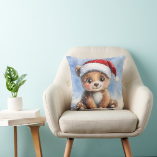 Cojín Decorativo Dulce invierno Navidad Santa Oso Cachorro Acuarela