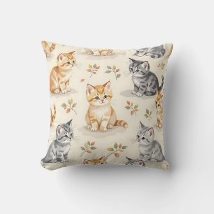 Cojín Decorativo Dulce Jengibre y Gatito Gris Acuarela Sin Costuras