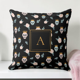 Cojín Decorativo Dulce Patrón de Calavera Negra Rosa Monograma Hall