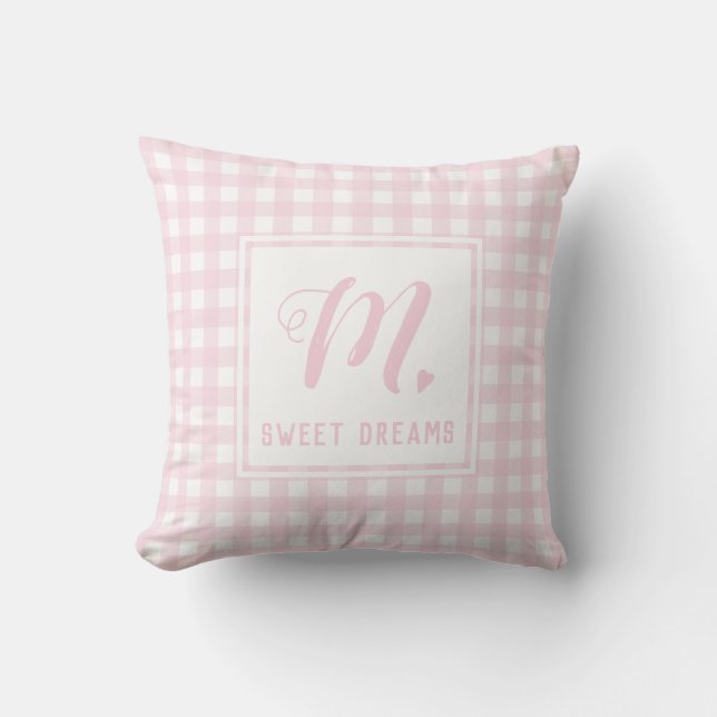 Cojín Decorativo Dulce Sueños Bebé Rosa Medio Gingham Monograma (Anverso)