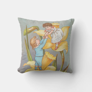 Cojín Decorativo Dulce Valentín Retro Lindo, niños y narcisos