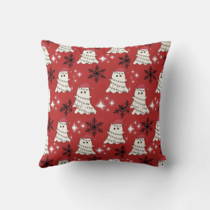 Cojín Decorativo Dulces Fantasmas de Navidad y Copos de Nieve Rojo