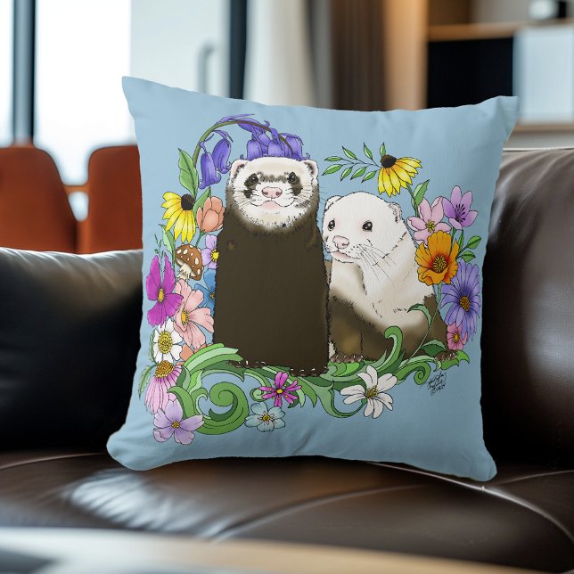 Cojín Decorativo Dulces Ferrets Azules Caprichosos con Flores Parej (Subido por el creador)