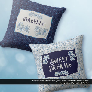 Cojín Decorativo Dulces Sueños Nombre Estética Floral Azul Marino