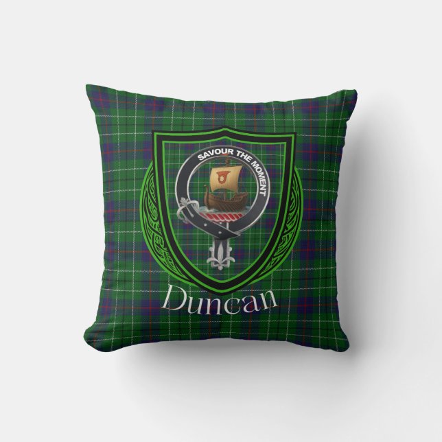 Cojín Decorativo Duncan Scottish Clan Tartán y Escudo (Anverso)