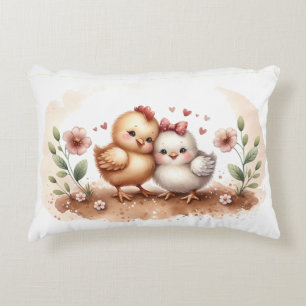 Cojín Decorativo Dúo Caprichoso de Pollitas Cottagecore Acuarela