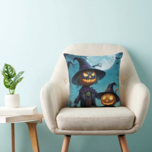 Cojín Decorativo Dúo de calabazas espeluznantes de Halloween