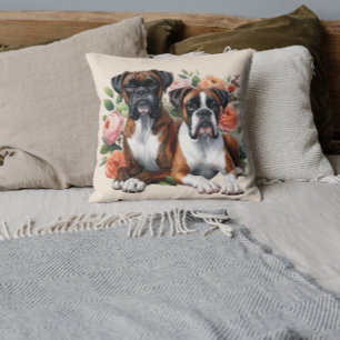 Cojín Decorativo Dúo De Perro Boxer Entre Las Flores
