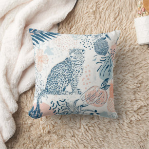 Cojín Decorativo Durazno Azul Leopardo Tropical Abstracto