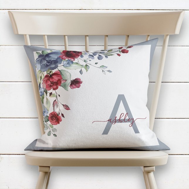 Cojín Decorativo Duste Blue Burgundy Floral Script Monograma Inicia (Subido por el creador)