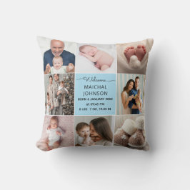 Cojín Decorativo Dusty Blue Baby Boy Name Birth stats photo collage