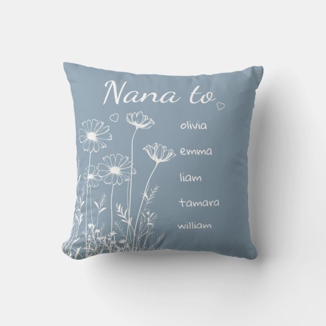 Cojín Decorativo Dusty Blue Wildflowers Grandchildrens Names Nana (Anverso)