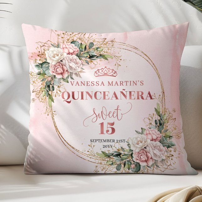 Cojín Decorativo Dusty Pink Flowers Greenery Sweet 15 Decorative  (Dusty Pink Flowers Greenery Sweet 15 Decorative Pillow)