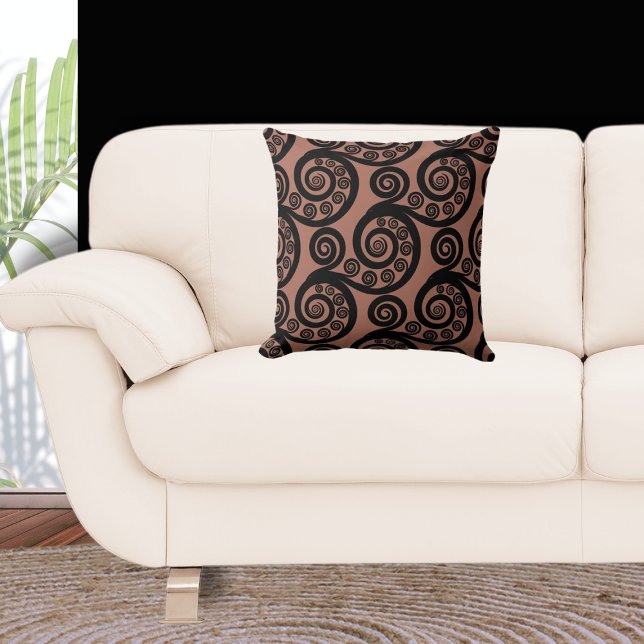 Cojín Decorativo Earthy Bronze & Black Fern Frond Swirl (Curl Pattern)