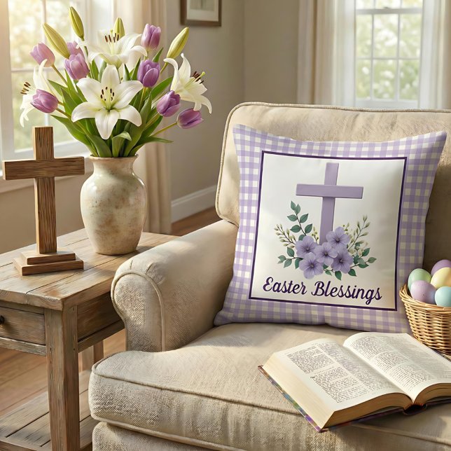 Cojín Decorativo Easter Blessings Cross with Flowers Purple Gingham (Subido por el creador)