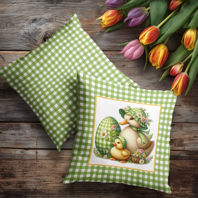 Cojín Decorativo Easter Ducks Easter Egg & Flowers on Green Gingham (Subido por el creador)