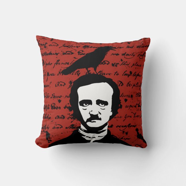 Cojín Decorativo Edgar Allan Poe y cuervo del negro en rojo (Anverso)