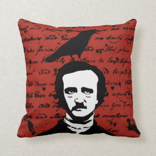 Cojín Decorativo Edgar Allan Poe y cuervo del negro en rojo