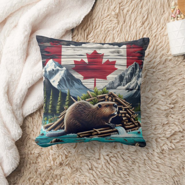 Cojín Decorativo Edificio Beaver Lodge cerca de la bandera canadien (Manta)