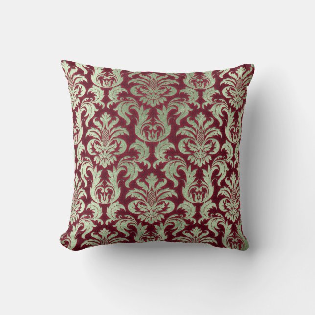 Cojín Decorativo Efecto Damask Burgundy Mint Green Cottage Velvet (Anverso)