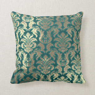 Cojín Decorativo Efecto Damask Sepia Gold Metallic Velvet Verde azu