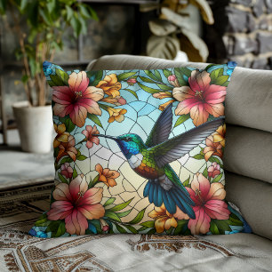 Cojín Decorativo Efecto de vidrio emplomado de colibrí elegante