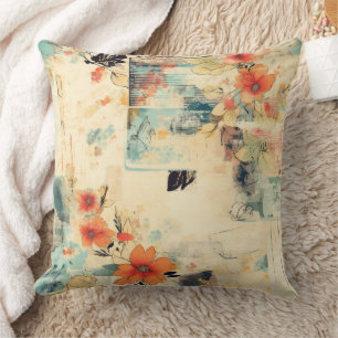 Cojín Decorativo Efímera floral azul naranja antigua desvanecida
