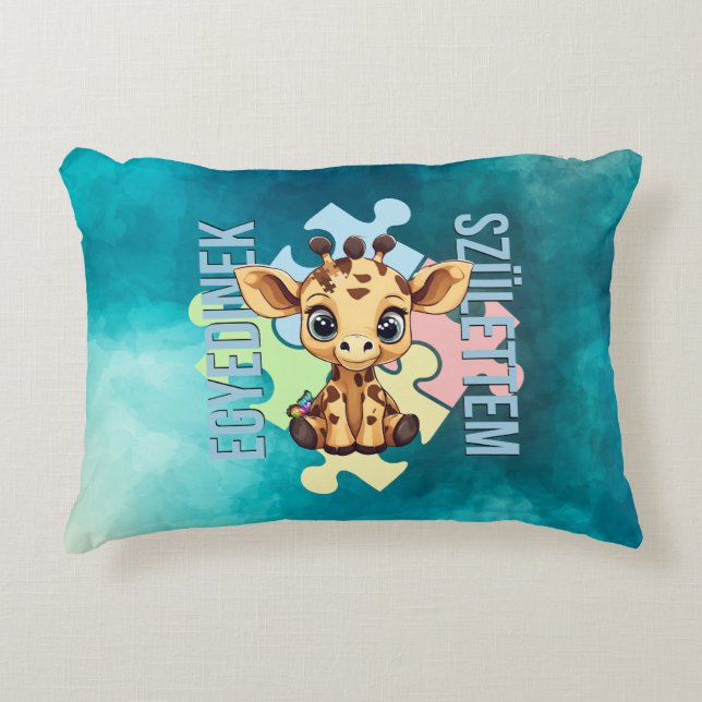 Cojín Decorativo Egyedinek születtem – kedves zsiráfos design (Anverso)