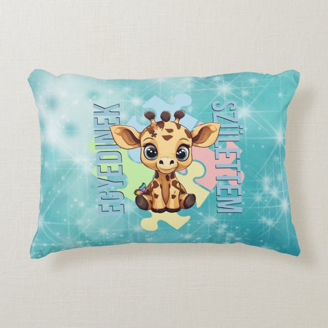 Cojín Decorativo Egyedinek születtem – kedves zsiráfos design (Anverso)