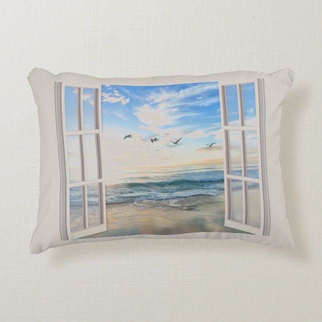 Cojín Decorativo El amanecer costero a través de la ventana (Anverso)