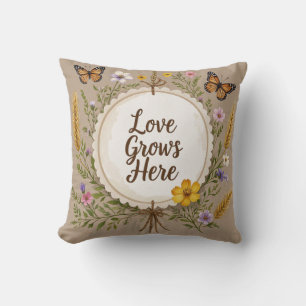 Cojín Decorativo El amor crece boho, flores silvestres, trigo, mari