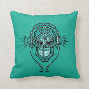 Cojín Decorativo El azul verde azulado DJ azucara el cráneo