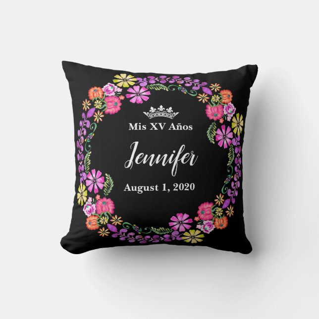 Cojín Decorativo El bordado mexicano Mi XV Recuerdo 16" Pillow (Anverso)