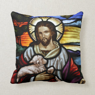 Cojín Decorativo El Buen Pastor; Jesús en vidrio emplomado