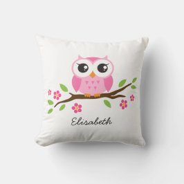 Cojín Decorativo El búho rosado lindo en rama floral personalizó