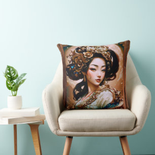 Cojín Decorativo El Chica Geisha de Dragón Dorado Arte AI de Xzendo