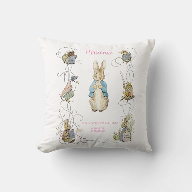 Cojín Decorativo El clásico Peter the Rabbit Pink Gingham Birth Sta (Anverso)