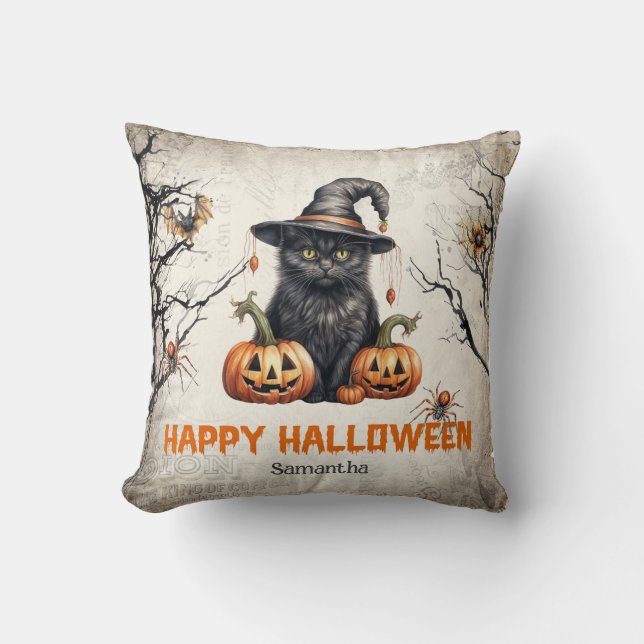 Cojín Decorativo El clásico y moderno gato negro de Halloween (Anverso)
