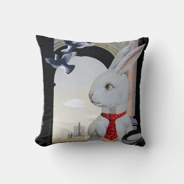 Cojín Decorativo El conejo blanco va a París - arte antropomorfo (Anverso)
